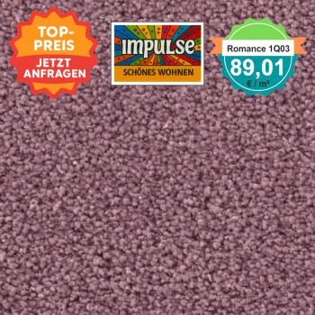 Teppichmuster mit Label „Impulse WOLFSBURG“ und Badge „Romance 1Q03 – 89,91 €/m²“